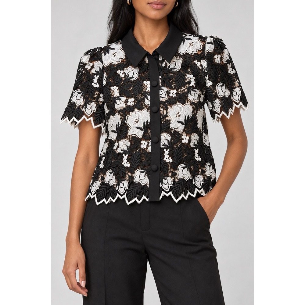 MILLY Addison Two-Tone Floral Lace Top M Black White Collared Button Front $325